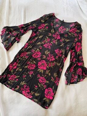 Express Black Dress with Bell Sleeves and  Bright Pink Floral Print